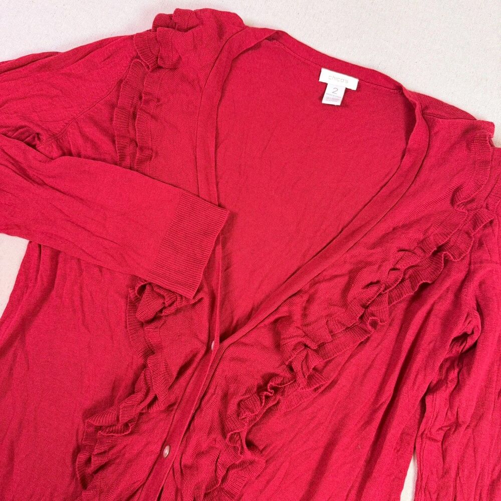 Chico's Red Ruffle Cardigan Women's 2 Large V-Neck Button Front Lightweight Knit